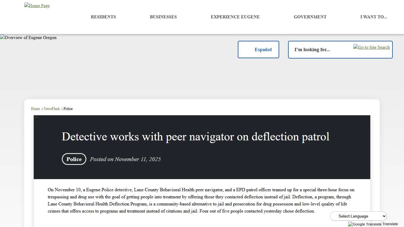 Detective works with peer navigator on deflection patrol • Eugene, OR