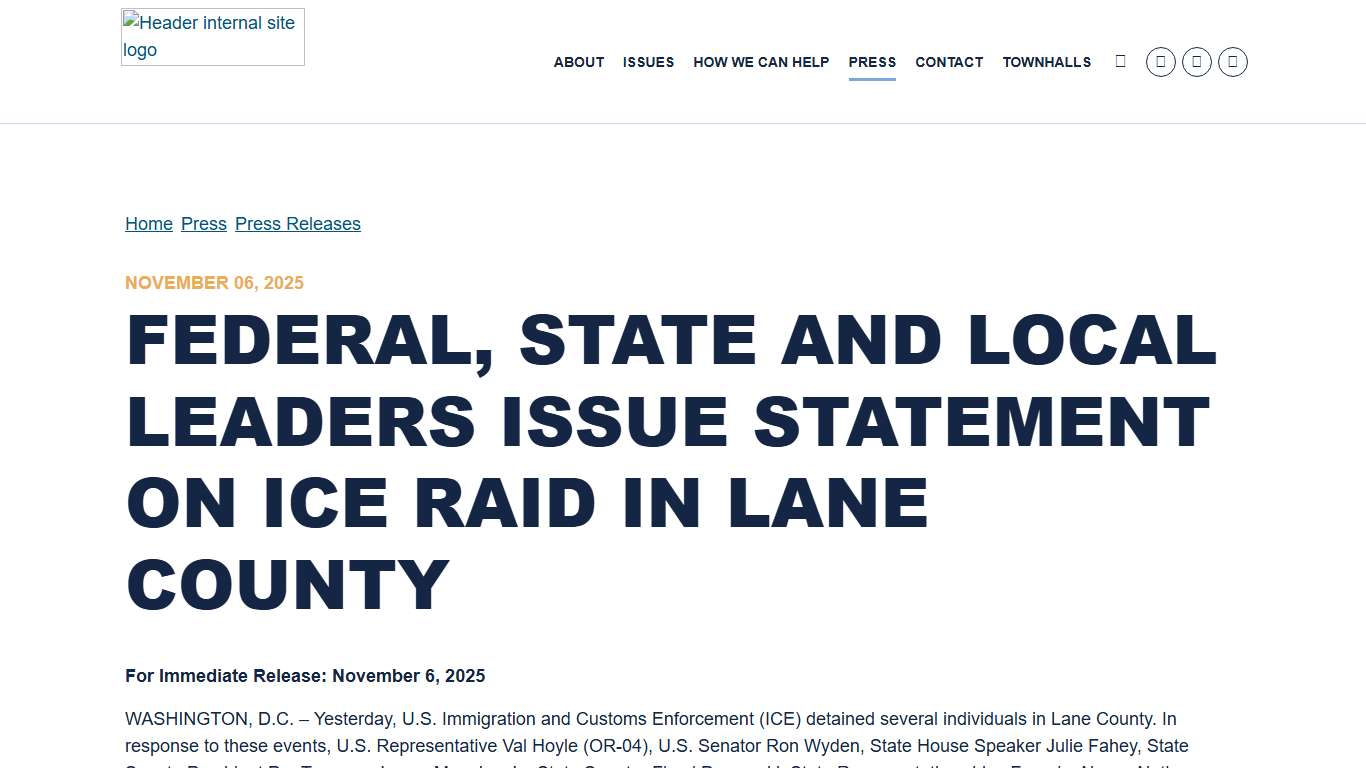 FEDERAL, STATE AND LOCAL LEADERS ISSUE STATEMENT ON ICE RAID IN LANE COUNTY Congresswoman Val Hoyle