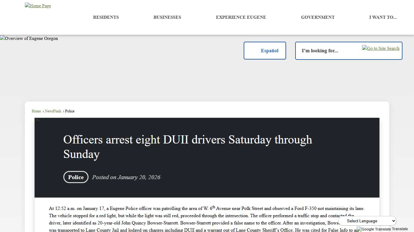 Officers arrest eight DUII drivers Saturday through Sunday • Eugene, OR