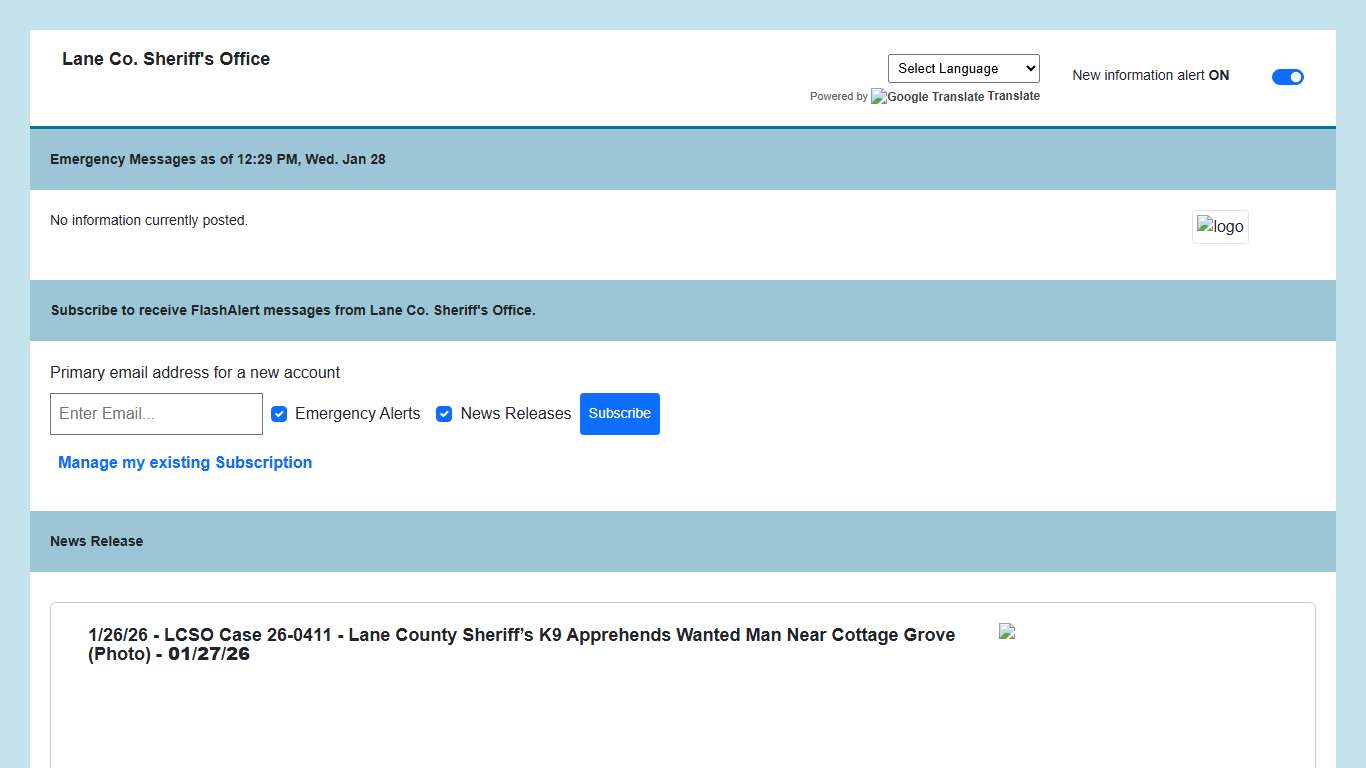 Lane Co. Sheriff's Office News via Flashalert.net